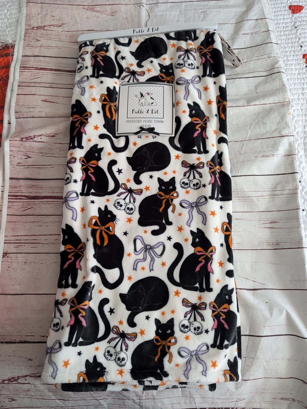 Black Cat Plush Throw Blanket β White with Orange & Purple Accents